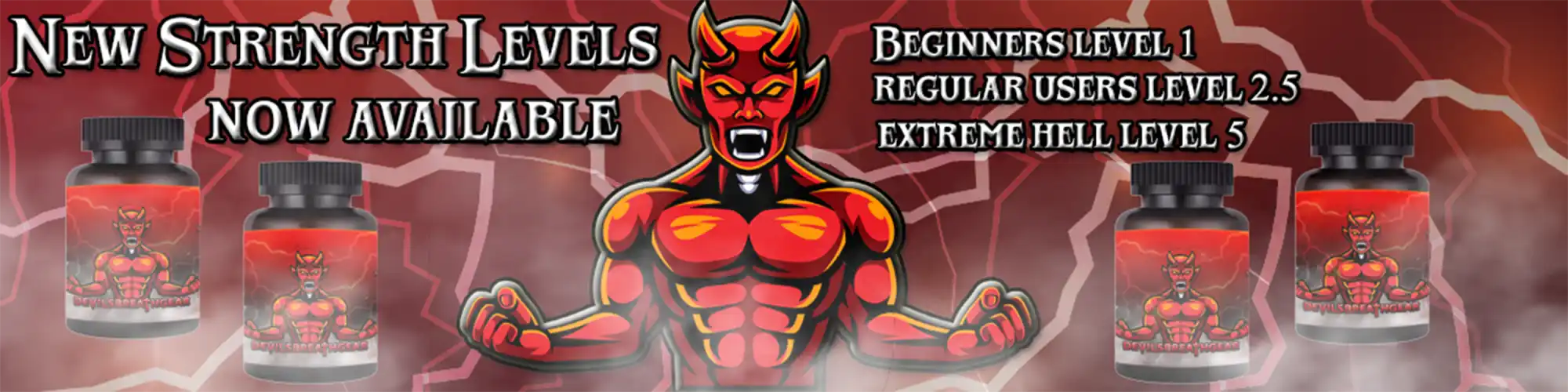 Red demonic or devil-like figure with horns and muscular physique advertising strength levels.