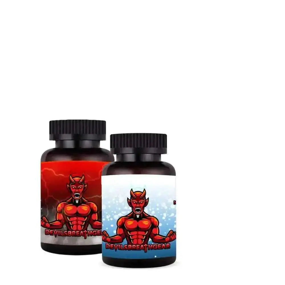 Two Devil’s Breath Gear supplement bottles featuring red devil mascot designs