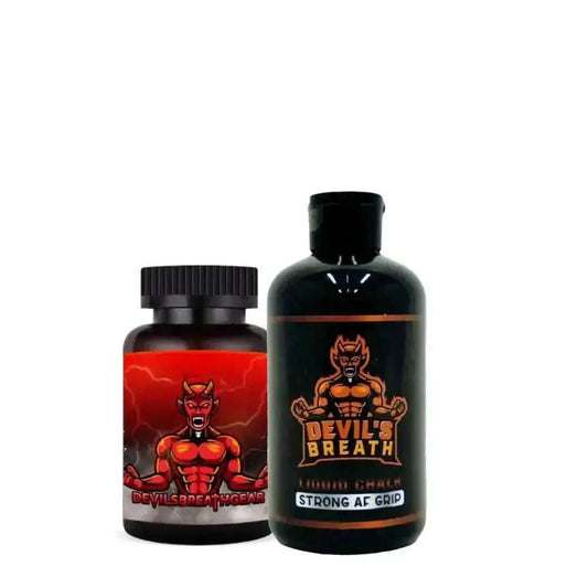 Two bottles of Devil’s Breath Gear Smelling Salts and 250ml Liquid Chalk with devil mascot designs