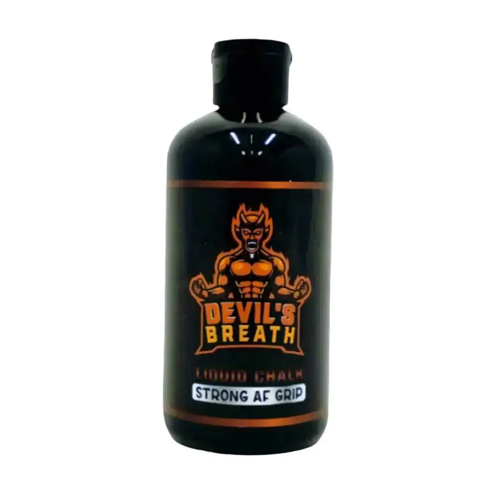 Black bottle featuring orange Devil’s Breath branding and muscular demon logo for quick-drying liquid chalk